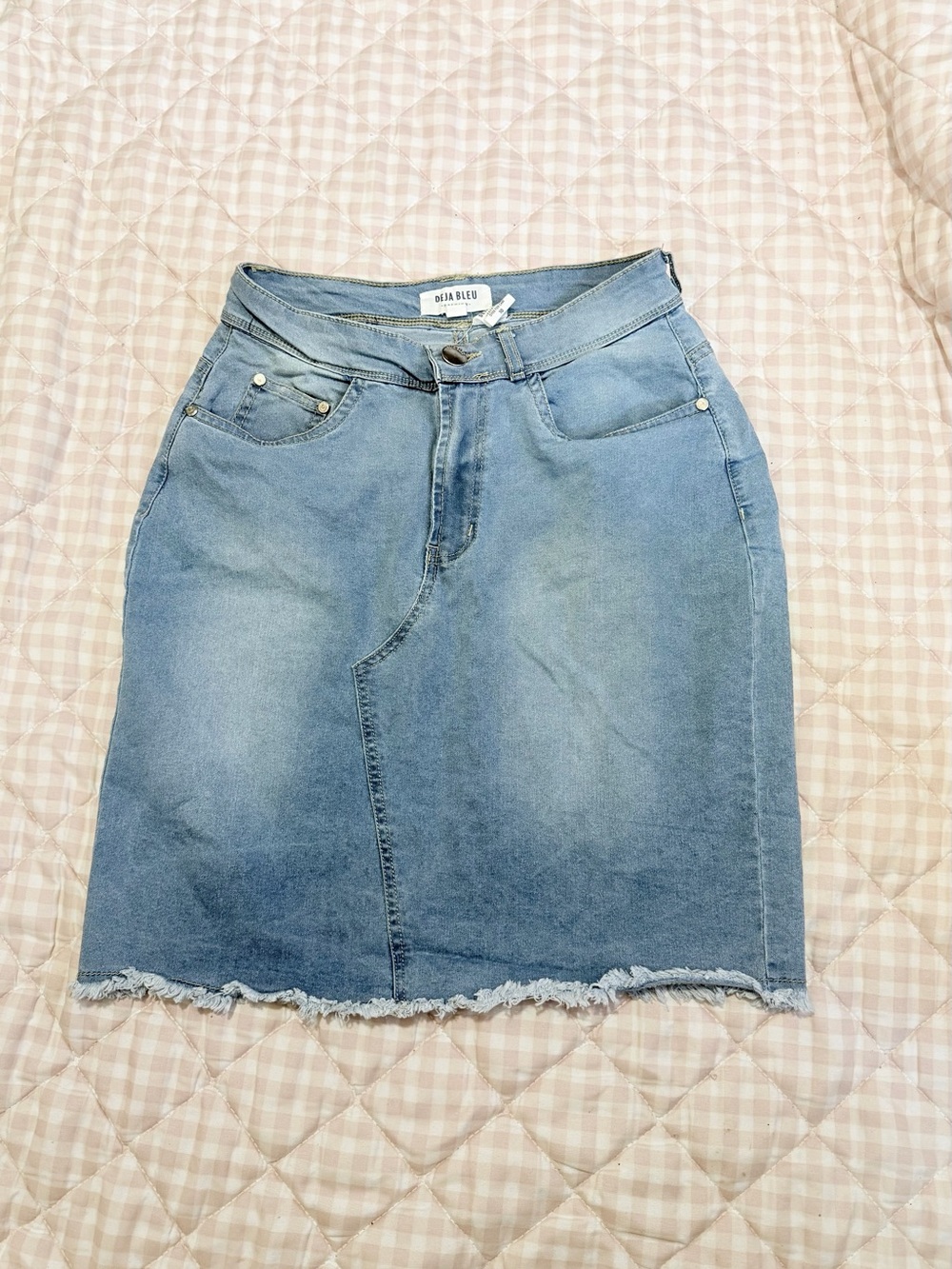 Deja Bleu Light Blue Denim Pencil Skirt with Frayed Hem